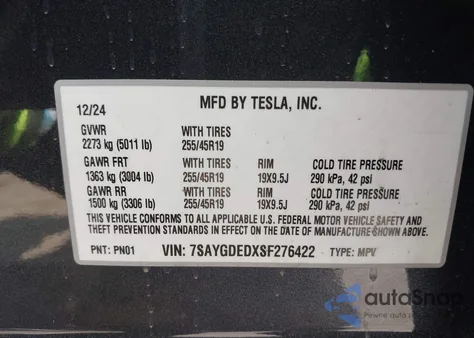 2025 Tesla Model Y from USA, damaged, VIN 7SAYGDEDXSF276422